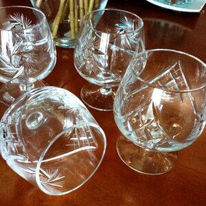 4 Vintage Crystal Brandy Cognac Snifters, Pinwheel Design, Made in Hungary